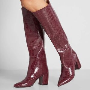 Burgundy Crocodile Knee High Boots.